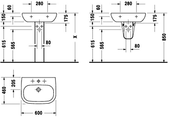 Умывальник Duravit D-Code подвесной 600х460 мм, с одним отверстием под смеситель, цвет белый 23106000002