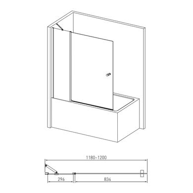 Шторка для ванны VOLLE 120*140см, с одним неподвижным элементом и поворотным на 180°, с подъемом, прозрачное стекло 6мм, с креплением со стены и ручкой (10-11-101)