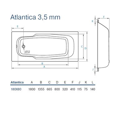 Ванна Koller Pool Atlantica 3,5 стальна прямокутна, без ручок, 1800x800 мм, біла B80JAH00E