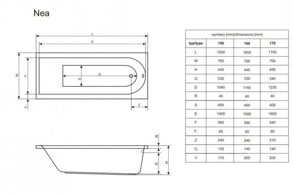 Ванна акрилова RADAWAY NEA прямокутна, з ніжками 1500x700 мм біла WA1-02-150x070U