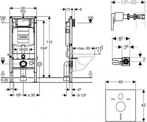 Інсталяція Geberit Duofix Sigma + кріплення + звукоізолююча пластина 111.300.00.5 + 111.815 + 156.050.00.1