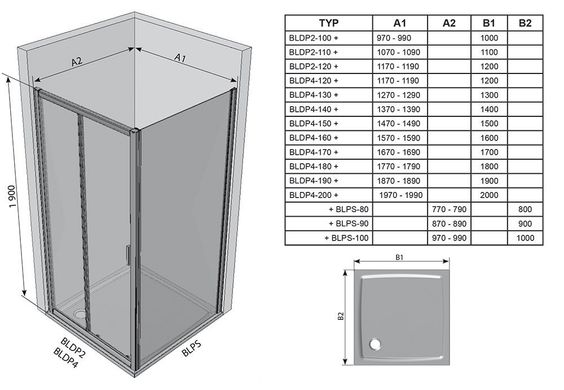 Душові двері RAVAK Blix BLDP2-120 двохелементні, розсувні 1200 мм h1900, профіль полірований алюміній, скло GRAPE 0PVG0C00ZG