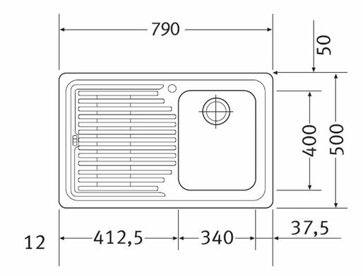 Кухонна мийка FRANKE LOGICA LINE вбудована зверху, 1-камерна полірована, крило справа 790х500 мм h180, хром 101.0381.808