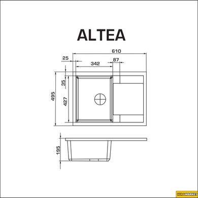 Кухонная мойка GRANADO ALTEA Black Shine врезная 610x495 мм, с сифоном автомат (1301)