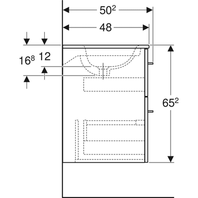 Тумба з раковиною Geberit Selnova Square slim rim, дві шухляди 58.8х50.2 отвір для змішувача в центрі, біла / фарбована глянцева 501.236.00.1